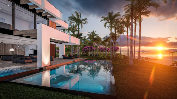 rendering 3d di casa moderna in stile lussuoso in riva al mare o all'oceano al tramonto - house residential structure luxury night foto e immagini stock