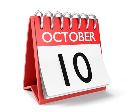 October 10 Desktop Calendar Page For Columbus Day Against White Background