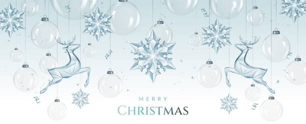 ilustrações de stock, clip art, desenhos animados e ícones de christmas and new year greeting card with transparent blue snowflakes, deers and balls. - balão enfeite ilustrações