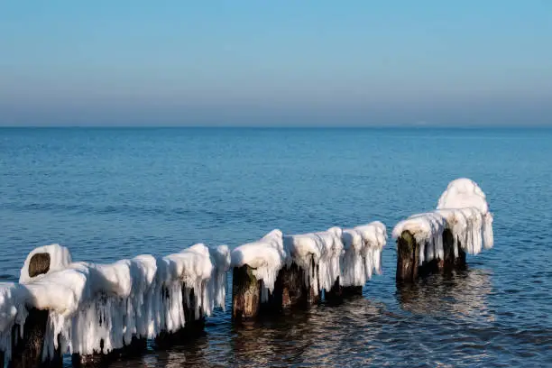 Winter on the beach of Bansin / Germany on Usedom and groynes covered with ice