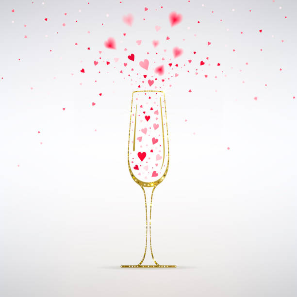 ilustrações, clipart, desenhos animados e ícones de copo dourado de champanhe com fogos de artifício de corações vermelhos - champagne pink bubble valentines day