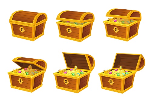Treasures chest animation. Chain animations of pirate treasure chests, set vector illustration. Animation treasure element, chest isolated