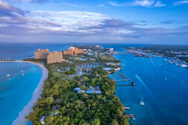 la vista panoramica del drone di paradise island, nassau, bahamas - nassau foto e immagini stock