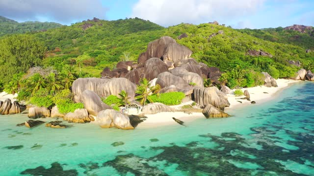 Flying over Anse Source d'Argent in La Digue Island in the Seychelles