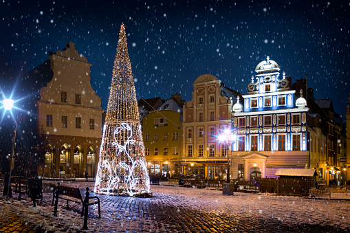 Christmas decorations at the The Hay Market in old town of Szczecin, Poland
