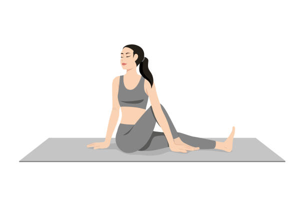 ilustrações, clipart, desenhos animados e ícones de pose torcida, vakrasana, torção lateral, torção espinhal - relaxation lying on back women meditating