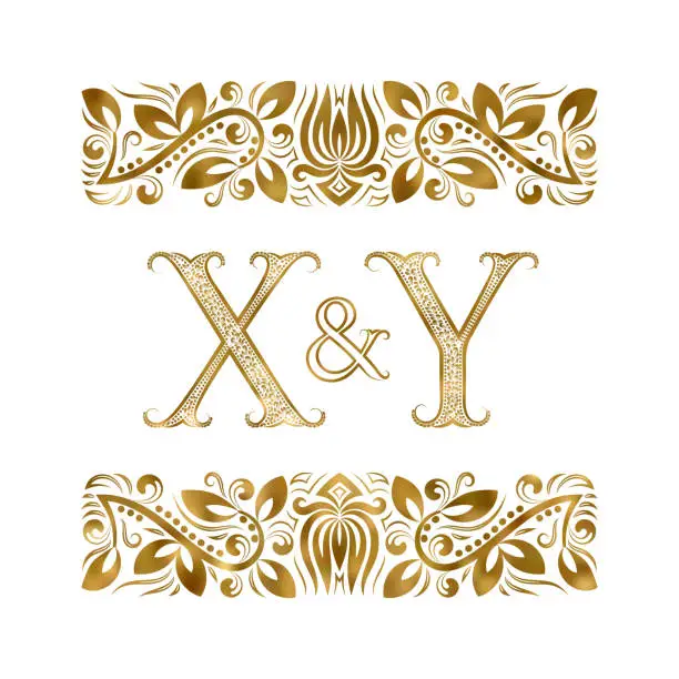 Vector illustration of X and Y initials vintage. The letters surrounded by ornamental elements. Wedding or business partners monogram in royal style.