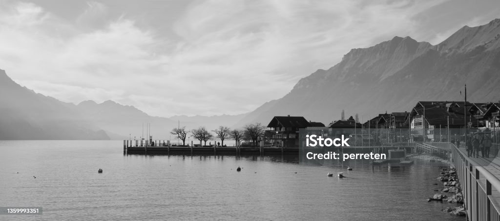 Scene at the shore of Lake Brienz. Black And White Stock Photo