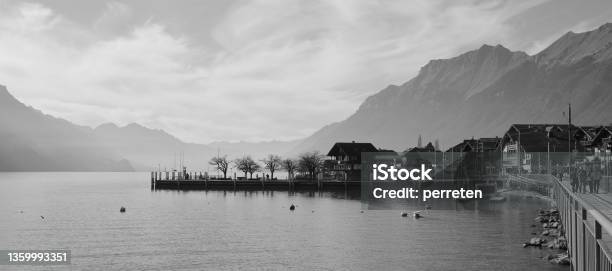 Scene At The Shore Of Lake Brienz Stock Photo - Download Image Now - Black And White, Brienz, Capital Cities