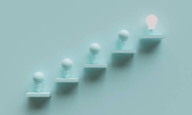 Glowing lightbulb on top of stairs or ladder for creative thinking idea concept by 3d render technique.