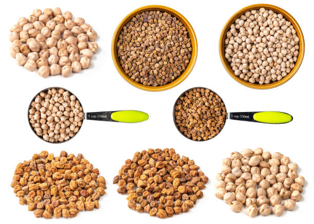 set of various chickpea seeds cutout on white set of various chickpea seeds cutout on white background food sample cups stock pictures, royalty-free photos & images