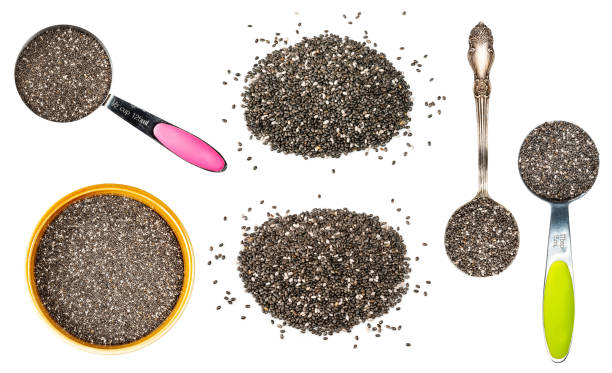 set of chia seeds cutout on white set of chia seeds cutout on white background food sample cups stock pictures, royalty-free photos & images