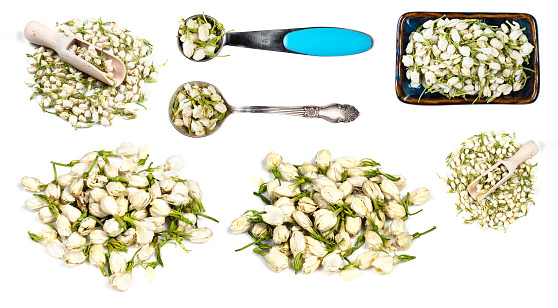 set of dried jasmine blooms cutout on white background
