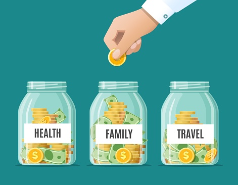 Bottle money savings. Health family travel saving jars, gold coins and banknotes moneybox retirement financial education concept, business investment vector illustration