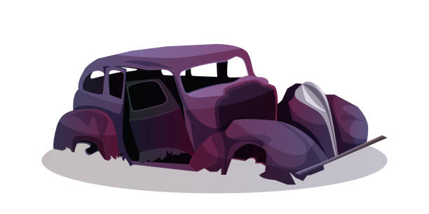 ilustraciones, imágenes clip art, dibujos animados e iconos de stock de coche de pasajeros quemado de dibujos animados en zona de guerra - coches abandonados