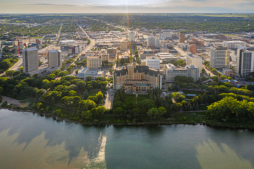 Aerial view of the Central Business District which is Saskatoon's bustling neighborhood of downtown living and business development.