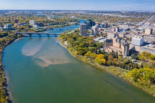 Aerial view of the Central Business District which is Saskatoon's bustling neighborhood of downtown living and business development.