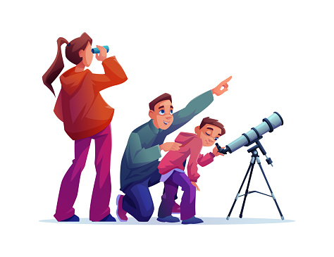 Family looking through telescope isolated flat cartoon characters. Vector astronomy education, cosmos exploration and discovery. Mother, father and son watching stars and planets together