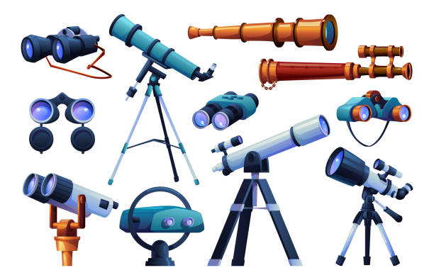 Spy binoculars and telescopes on tripods, retro spyglasses cartoon icons set. Vector optical equipment to observe and discover on distance, military navigation lens. Field glasses, exploration tools vector art illustration