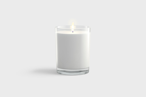Blank white pillar candle in glass jar mockup, gray background, 3d rendering. Empty round transparent holder for candlelight mock up, front view. Clear decoration aroma bougie with flame template.