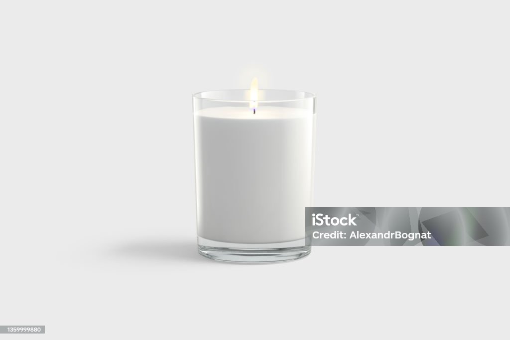 Blank white pillar candle in glass jar mockup, gray background Blank white pillar candle in glass jar mockup, gray background, 3d rendering. Empty round transparent holder for candlelight mock up, front view. Clear decoration aroma bougie with flame template. Candle Stock Photo
