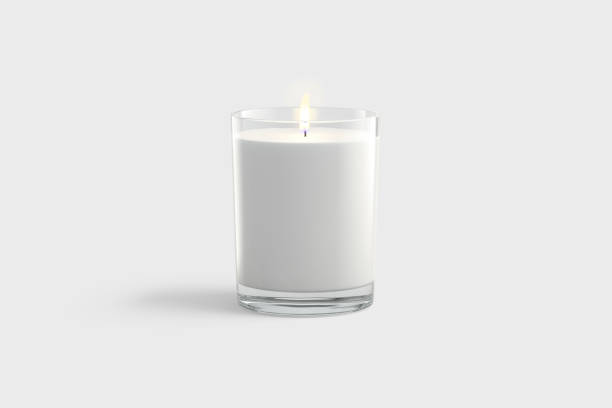 Blank white pillar candle in glass jar mockup, gray background Blank white pillar candle in glass jar mockup, gray background, 3d rendering. Empty round transparent holder for candlelight mock up, front view. Clear decoration aroma bougie with flame template. candle stock pictures, royalty-free photos & images