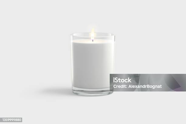 Blank White Pillar Candle In Glass Jar Mockup Gray Background Stock Photo - Download Image Now