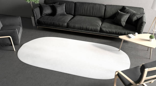 istock Blank white oval interior carpet in room mockup, side view 1360000835
