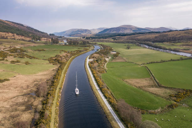 Moored sailboats at Crinan Canal connecting Crinan with Ardrishaig in Kintyre peninsula, Argyll and Bute, Scotland, UK