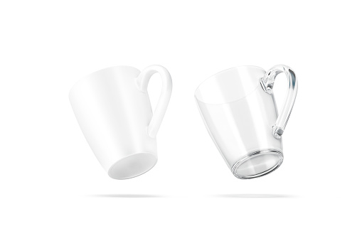 Blank ceramic and glass henley mug mockup bottom, no gravity, 3d rendering. Empty 8 oz harebell cup mock up, isolated. Clear transparent and porcelain coffee pot template.
