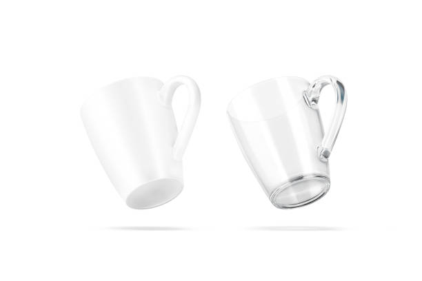Blank ceramic and glass henley mug mockup bottom, no gravity Blank ceramic and glass henley mug mockup bottom, no gravity, 3d rendering. Empty 8 oz harebell cup mock up, isolated. Clear transparent and porcelain coffee pot template. can bottom stock pictures, royalty-free photos & images