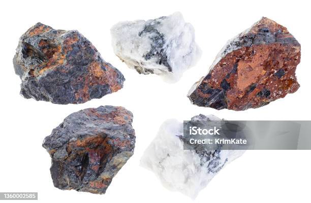 Set Of Various Wolframite Stones Cutout On White Stock Photo - Download Image Now - Tungsten - Metal, Close-up, Collection