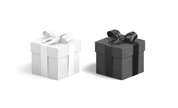 Blank black and white square gift box with ribbon mockup, 3d rendering. Empty big festive packaging for creative idea mock up, isolated, side view. Clear cardboard case with riband template.