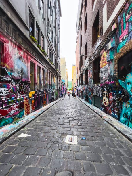 Melbourne, Australia - December 10, 2021: Melbourne, the capital of Victoria and the second largest city in Australia, has gained international acclaim for its diverse range of street art and associated subcultures. Overlooking a graffiti painted alley in Melbourne, Australia.