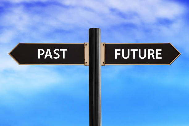 istock Past and Future concept, road sign with words past and future on sky background 1360006334