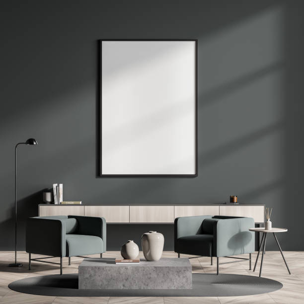 istock Dark living room interior with empty white poster, sideboard 1360007682