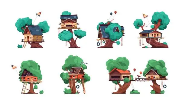Vector illustration of Tree house. Cartoon wooden buildings for kids with doors windows and roofs. Home on branches with ladders and bridges. Flying balloons and kite. Vector isolated children playground set