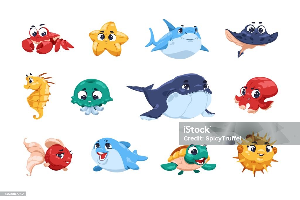 Cute Fish Cartoon Funny Ocean Animals With Big Eyes And Adorable Child  Faces Underwater Kids Sea Fish Characters With Jellyfish Octopus And  Dolphin Little Crab Shark And Turtle Vector Set Stock Illustration -