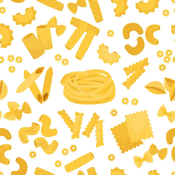 Vector illustration of Pasta pattern. Seamless print with doodle Italian wheat pasta, home made dough food, yellow farfalle, spaghetti and tagliatelle. Dry cavatappi, fusilli and penne. Vector texture