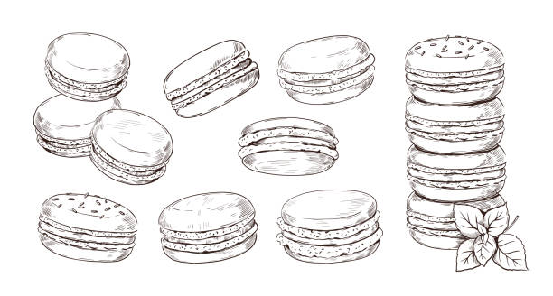 illustrazioni stock, clip art, cartoni animati e icone di tendenza di macaron disegnato a mano. dessert biscotto francese di farina di mandorle. incisione vintage di amaretti. ristorante e caffetteria pasticceria. visualizza da diversi bordi e pila di cookie. set di schizzi vettoriali per panetterie - amaretto