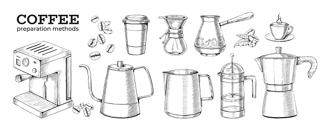 Hand drawn coffee preparation methods. Engraved drink making devices. Metal cezve and moka pot kettle. Glass French press and pour over brewer. Electrical kitchen machine. Vector vintage sketches set