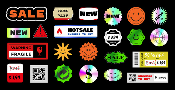 Paper price label. Sale and discount retro stickers with torn edges. Vintage holographic round and square retail pricing tag mockup. Shop promotional symbols. Vector packaging and smile icons set