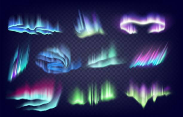 Aurora borealis. Realistic Northern sky atmosphere reflection. Arctic or Antarctic polar night iridescent light phenomenon collection. Shining curve lines. Vector glowing effects set Aurora borealis. Realistic Northern sky atmosphere reflection. Arctic or Antarctic polar night iridescent light phenomenon collection. Isolated shining curve lines. Vector colorful glowing effects set northern lights stock illustrations