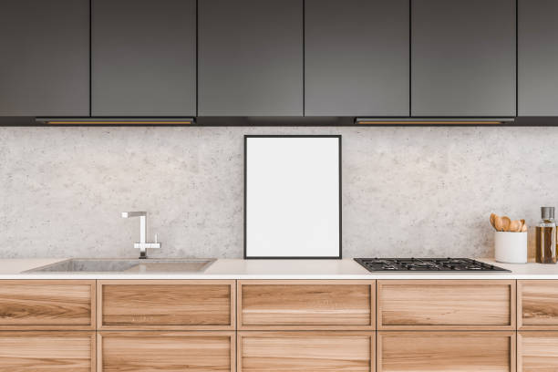 istock Wooden kitchen interior with sink, kitchenware, mock up poster 1360007830