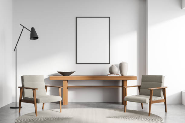 istock Bright living room interior with empty white poster 1360008685