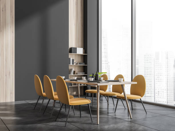 istock Grey and yellow office dining room. Corner view. 1360008766