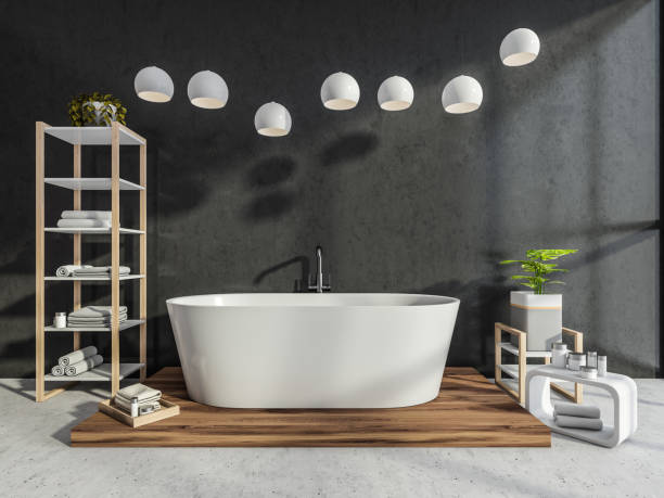 istock Dark grey hotel spa bathroom with seven pendant lights 1360008883