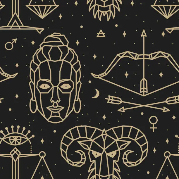 Vector illustration of Seamless pattern - signs of the zodiac. Gold illustration of astrological signs on a dark background. Magical illustrations of women and animals in the starry sky.
