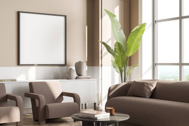 istock Beige and white living room with square canvas. Corner view. 1360009615