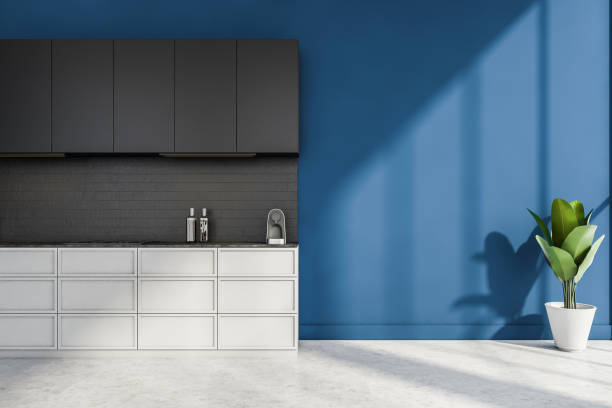 istock Blue kitchen interior with kitchen set and decoration, mock up 1360009769